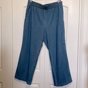 d&co. Wide Leg Cargo Pants Womens 1X Cotton chambray pull on Beach Flowey QVC